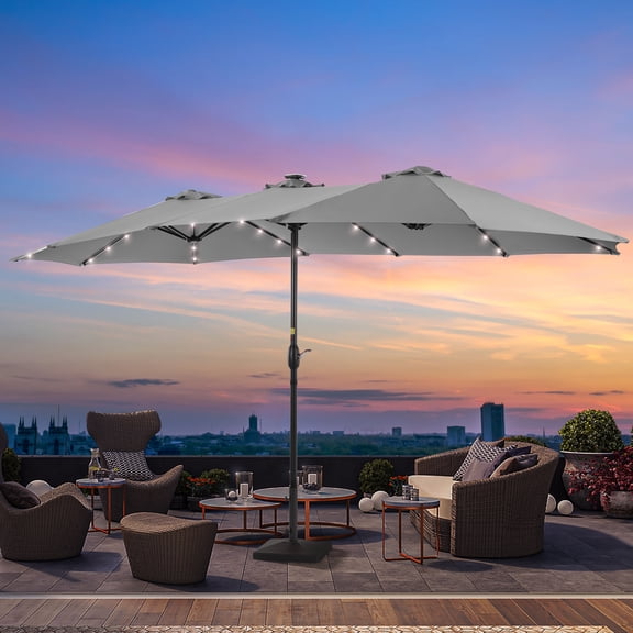 ACEGOSES 15 x 9ft LED Double-Sided Patio Market Umbrella Outdoor with LED Lights for Garden, Deck and Pool,Gray
