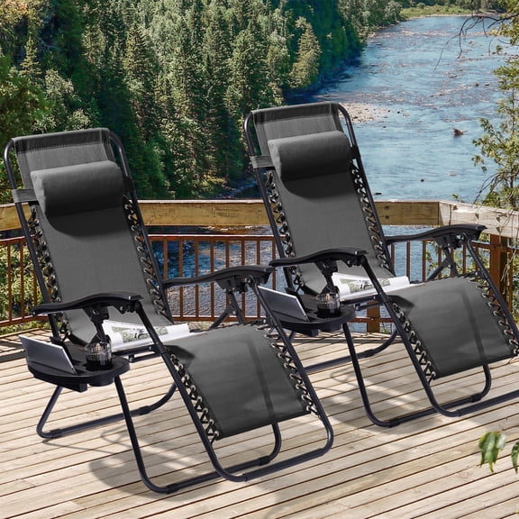 ACEGOSES 2PCS Patio Zero-gravity Folding Chair Poolside Recliner with Side Tray Support 330 lbs Waterproof Outdoor Single Chair,Dull black