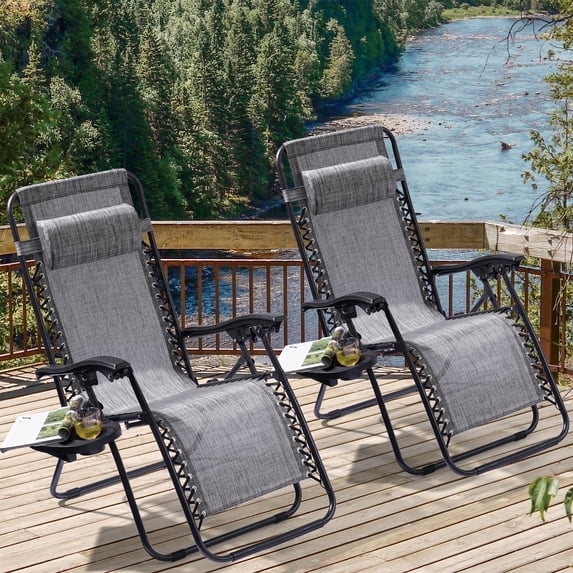 ACEGOSES 2PCS Patio Zero-gravity Folding Chair Poolside Recliner with Side Tray Support 330 lbs Waterproof Outdoor Single Chair, Sierra gray