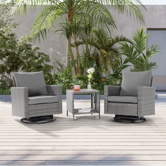ACEGOSES 3-Piece Patio Sofa Set Rattan Swivel Rocking Chair Set Side Table Suiting Backyard, Poolside and Patio,Gray