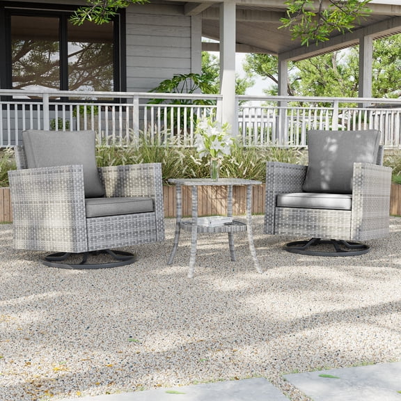 ACEGOSES 3-Piece Patio Sofa Set Rattan Swivel Rocking Chair Set Side Table Suiting Backyard, Poolside and Patio,Gray