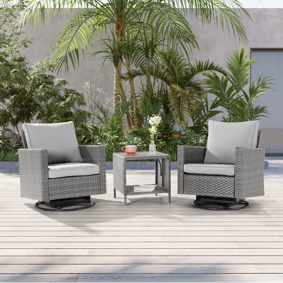 ACEGOSES 3-Piece Patio Sofa Set Rattan Swivel Rocking Chair Set Side Table Suiting Backyard, Poolside and Patio,Light Gray