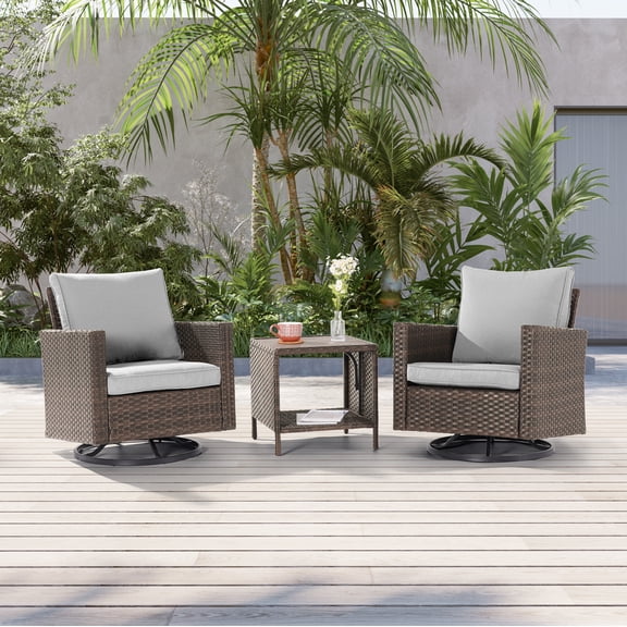 ACEGOSES 3-Piece Patio Sofa Set Rattan Swivel Rocking Chair Set Side Table Suiting Backyard, Poolside and Patio,Light Gray