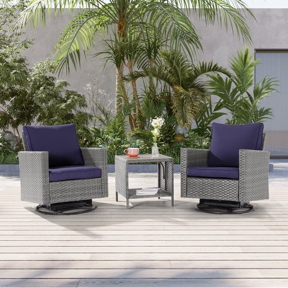 ACEGOSES 3-Piece Patio Sofa Set Rattan Swivel Rocking Chair Set Side Table Suiting Backyard, Poolside and Patio,Navy Blue