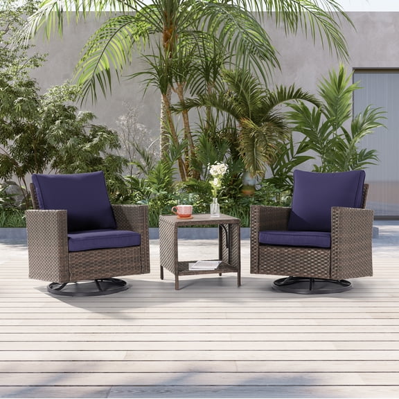 ACEGOSES 3-Piece Patio Sofa Set Rattan Swivel Rocking Chair Set Side Table Suiting Backyard, Poolside and Patio,Navy Blue