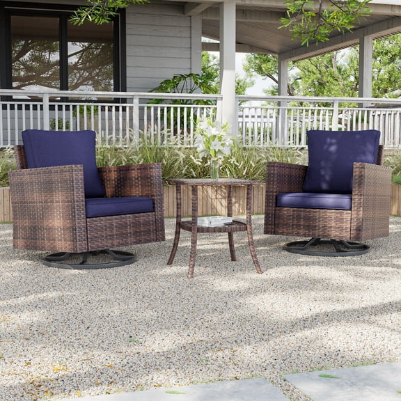 ACEGOSES 3-Piece Patio Sofa Set Rattan Swivel Rocking Chair Set Side Table Suiting Backyard, Poolside and Patio,Navy Blue