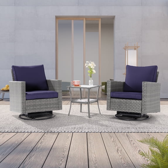 ACEGOSES 3-Piece Patio Sofa Set Rattan Swivel Rocking Chair Set Side Table Suiting Backyard, Poolside and Patio,Navy Blue