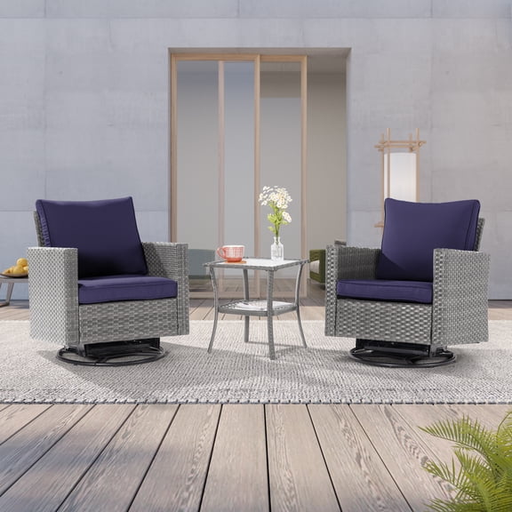 ACEGOSES 3-Piece Patio Sofa Set Rattan Swivel Rocking Chair Set Side Table Suiting Backyard, Poolside and Patio,Navy Blue