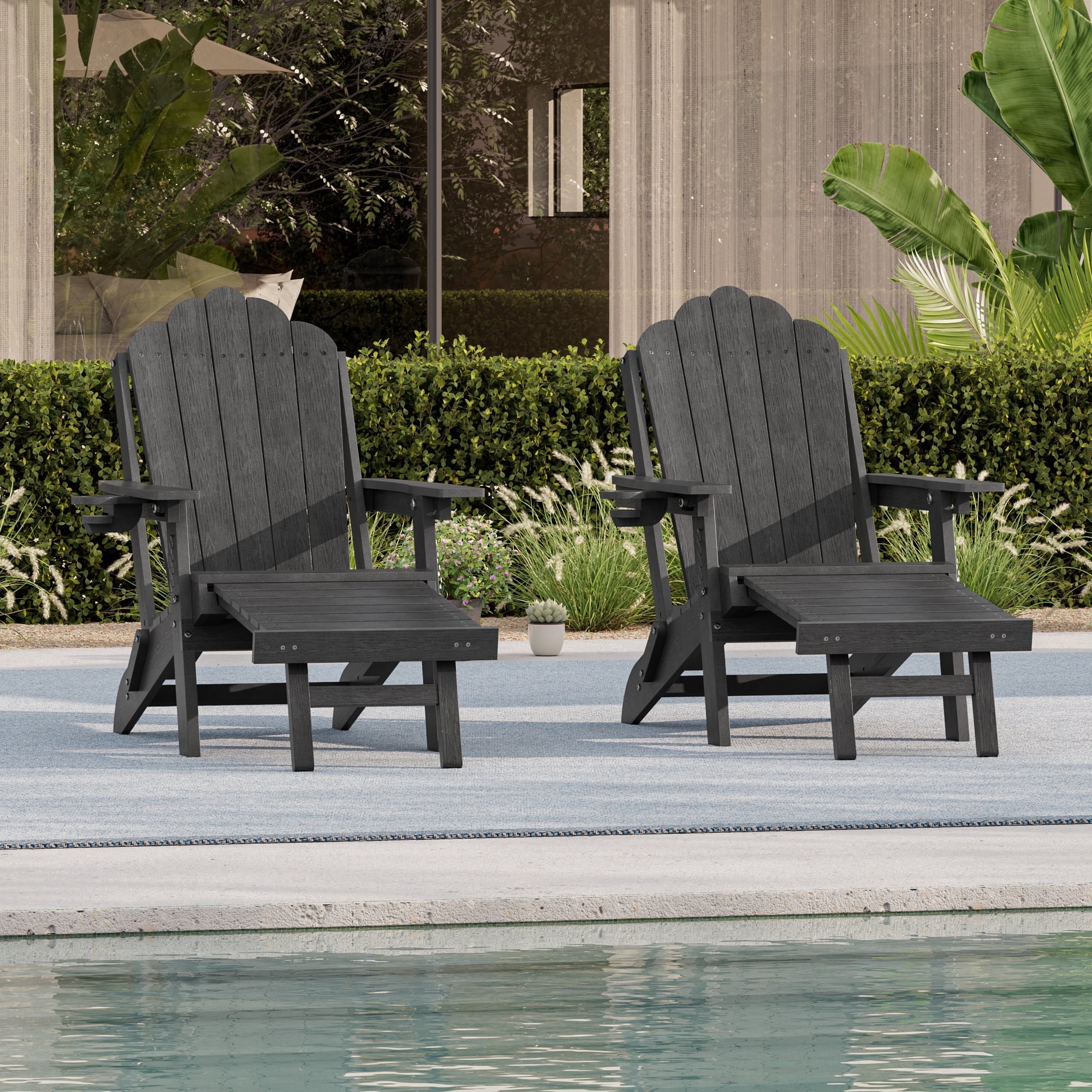 ACEGOSES Foldable Outdoor Adirondack Chairs Set of 2 with Cup Holder, 3-Position Adjustable HDPE Plastic for Patio, Fire Pit, Deck, Black