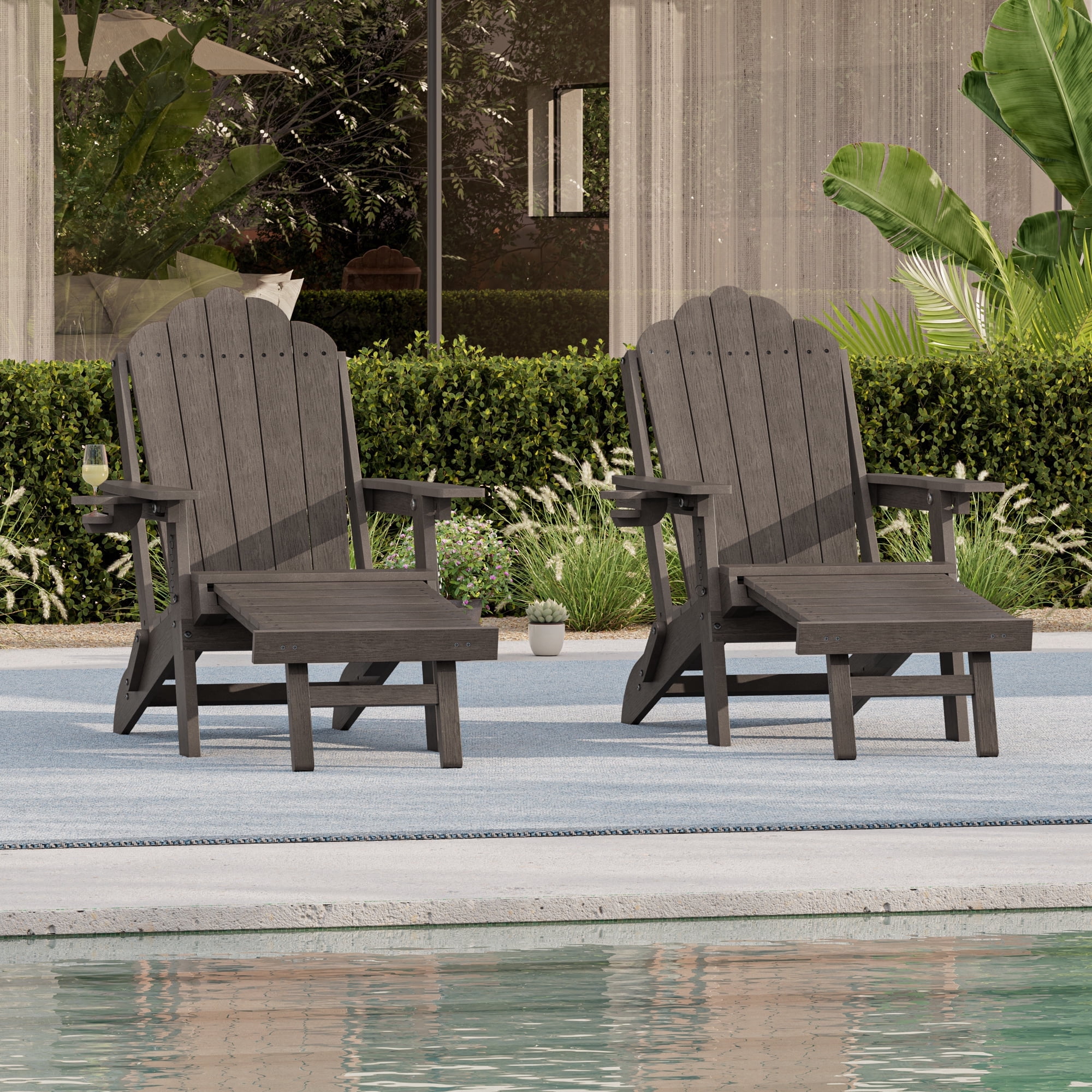 ACEGOSES Foldable Outdoor Adirondack Chairs Set of 2 with Cup Holder, 3-Position Adjustable HDPE Plastic for Patio, Fire Pit, Deck, Brown