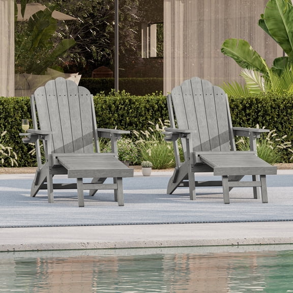 ACEGOSES Foldable Outdoor Adirondack Chairs Set of 2 with Cup Holder, 3-Position Adjustable HDPE Plastic for Patio, Fire Pit, Deck, Light Gray
