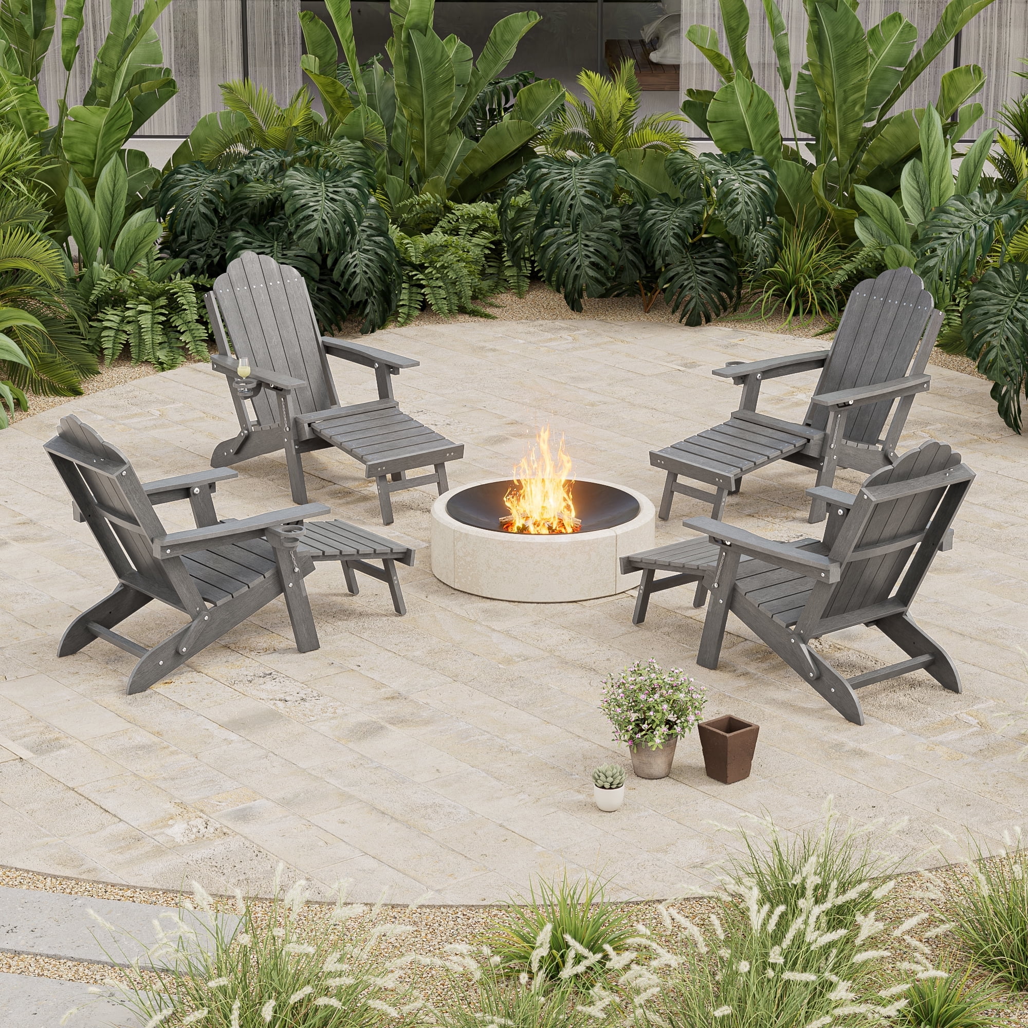 ACEGOSES Foldable Outdoor Adirondack Chairs Set of 4 with Cup Holder, 3-Position Adjustable HDPE Plastic for Patio, Fire Pit, Deck, Gray