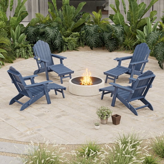 ACEGOSES Foldable Outdoor Adirondack Chairs Set of 4 with Cup Holder, 3-Position Adjustable HDPE Plastic for Patio, Fire Pit, Deck, Navy Blue