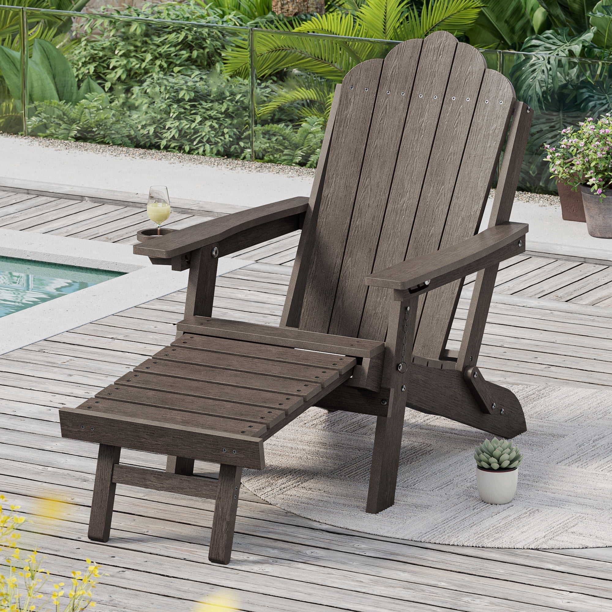 ACEGOSES Foldable Outdoor Adirondack Chair with Cup Holder, 3-Position Adjustable HDPE Plastic for Patio, Fire Pit, Deck, Brown