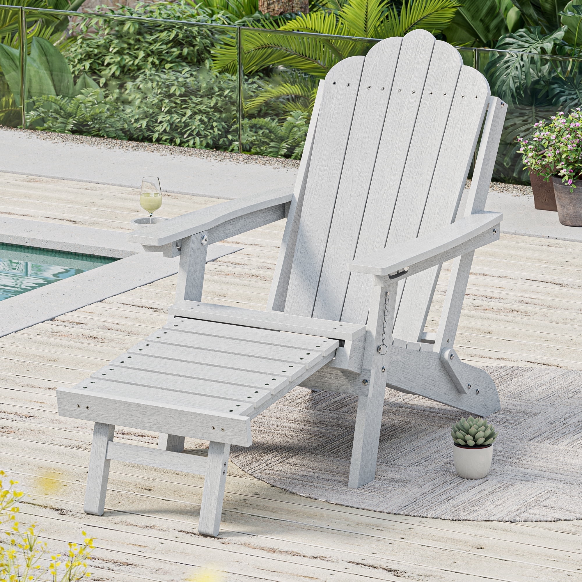 ACEGOSES Foldable Outdoor Adirondack Chair with Cup Holder, 3-Position Adjustable HDPE Plastic for Patio, Fire Pit, Deck, White