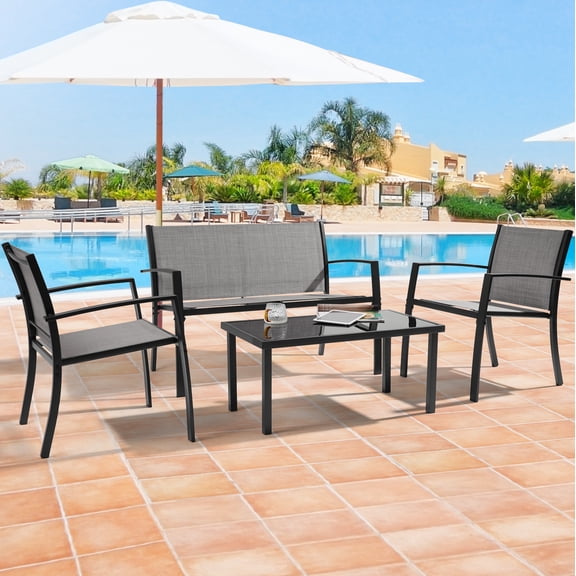 ACEGOSES 4 Pieces Patio Furniture Set Textilene Bistro Set with Glass Table for Lawn, Garden, Balcony and Home,Gray