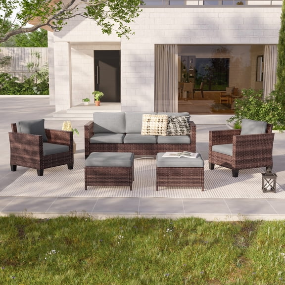 ACEGOSES 5-Piece Patio Sofa Set Brown Rattan Outdoor Furniture Set Three-Seat Sofa Ottomans Suiting Backyard, Poolside and Patio,Gray