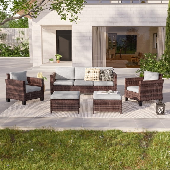 ACEGOSES 5-Piece Patio Sofa Set Brown Rattan Outdoor Furniture Set Three-Seat Sofa Ottomans Suiting Backyard, Poolside and Patio,Light Gray