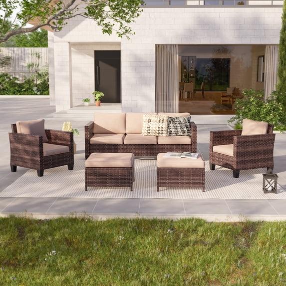 ACEGOSES 5-Piece Patio Sofa Set Brown Rattan Outdoor Furniture Set Three-Seat Sofa Ottomans Suiting Backyard, Poolside and Patio,Sand
