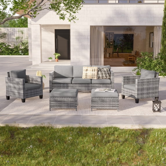 ACEGOSES 5-Piece Patio Sofa Set Gray Rattan Outdoor Furniture Set Three-Seat Sofa Ottomans Suiting Backyard, Poolside and Patio,Gray