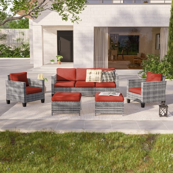 ACEGOSES 5-Piece Patio Sofa Set Gray Rattan Outdoor Furniture Set Three-Seat Sofa Ottomans Suiting Backyard, Poolside and Patio,Red