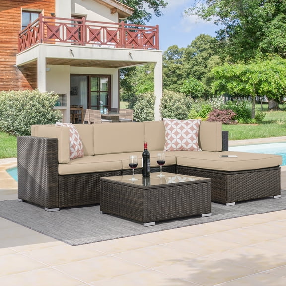 ACEGOSES 5 Pieces Patio Furniture Sets Outdoor Sectional Rattan Conversation Sofa, Tempered Glass Tabletop - Dark Brown Wicker/Beige Cushions