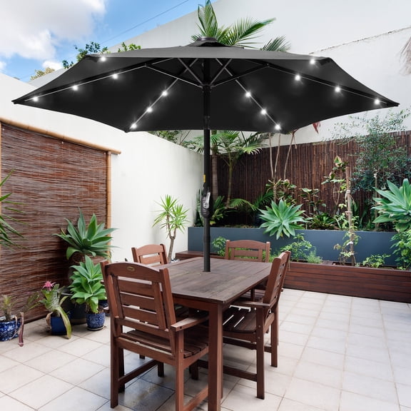 ACEGOSES 7.5ft LED Solar Outdoor Patio Market Table Umbrella with Polyester Canopy for Garden,Yard and Poolside,Black