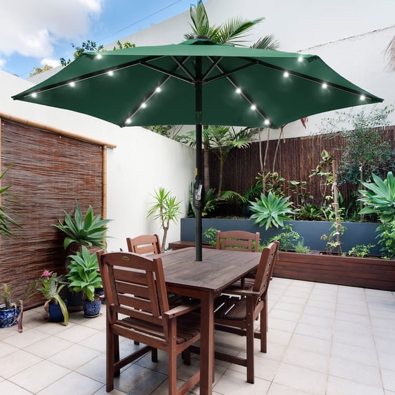 ACEGOSES 7.5ft LED Solar Outdoor Patio Market Table Umbrella with Polyester Canopy for Garden,Yard and Poolside, Forest Green