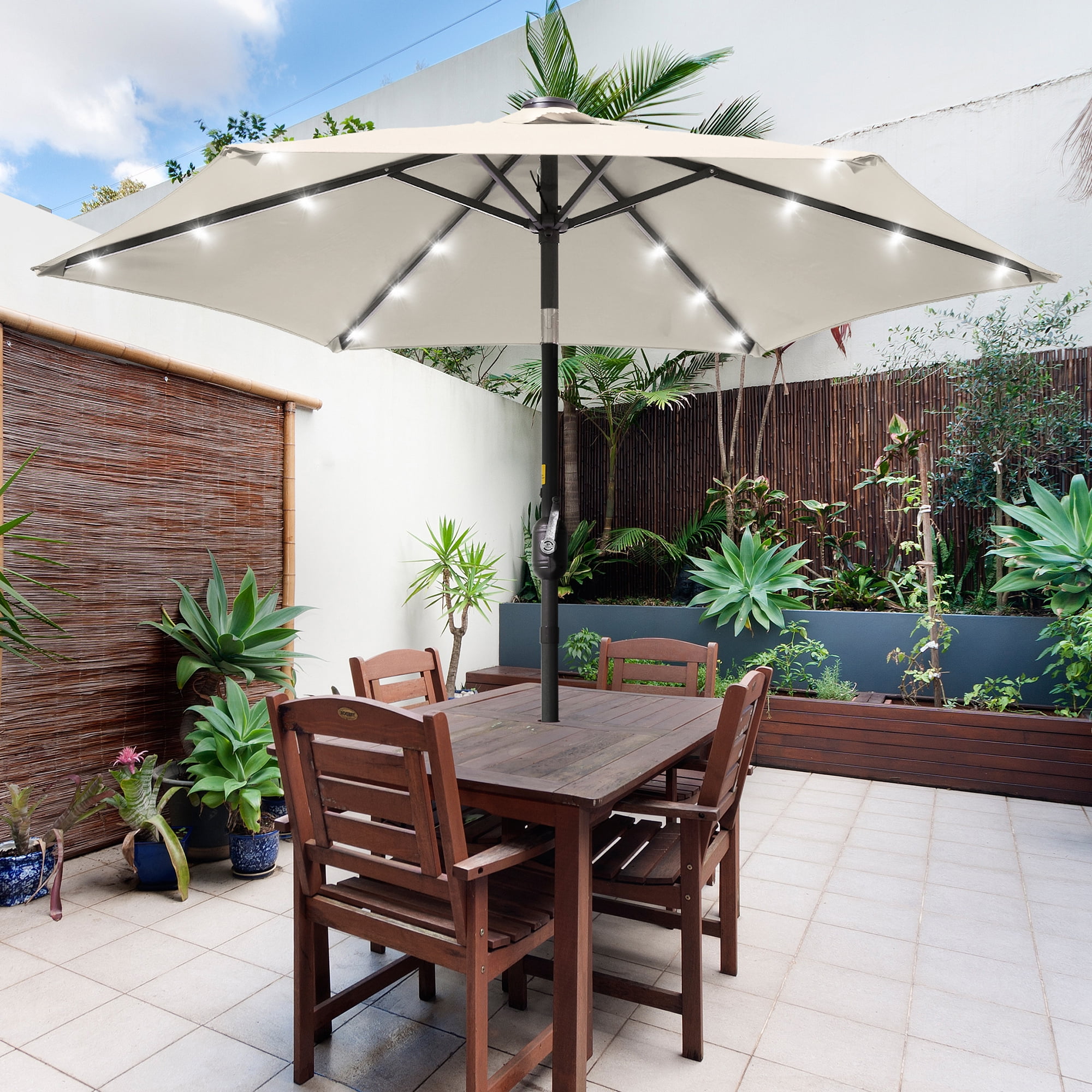 ACEGOSES 7.5ft LED Solar Outdoor Patio Market Table Umbrella with Polyester Canopy for Garden,Yard and Poolside, Oyster White