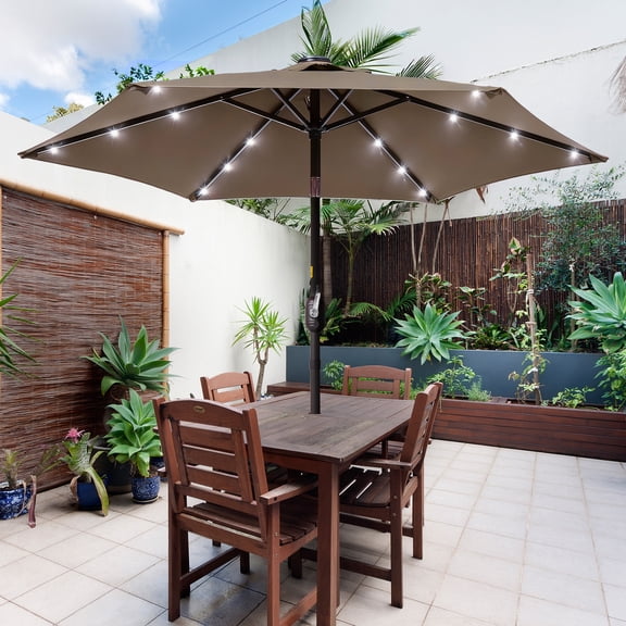 ACEGOSES 7.5ft LED Solar Outdoor Patio Market Table Umbrella with Polyester Canopy for Garden,Yard and Poolside, Taupe