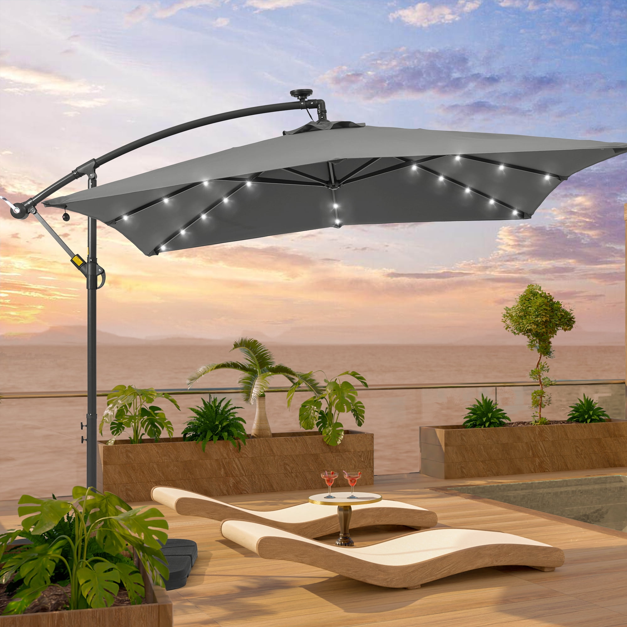 ACEGOSES 8.2x8.2ft LED Square Outdoor Patio Canopy Offset Umbrellas for Gardens, Lawns and Yard,Gray