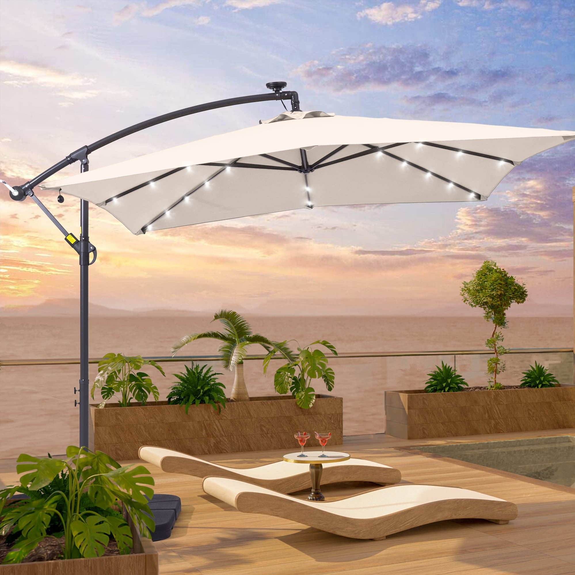 ACEGOSES 8.2x8.2ft LED Square Outdoor Patio Canopy Offset Umbrellas for Villa Gardens, Lawns and Yard,Beige