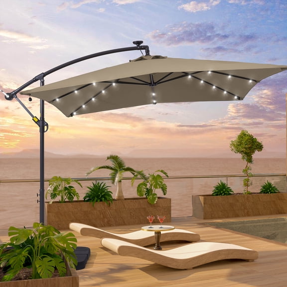 ACEGOSES 8.2x8.2ft LED Square Outdoor Patio Canopy Offset Umbrellas for Villa Gardens, Lawns and Yard, Taupe
