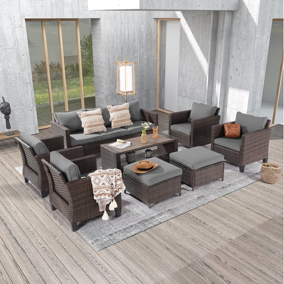 ACEGOSES 8-Piece Patio Sofa Set Rattan Outdoor Furniture Set Three-Seat Sofa Ottomans Suiting Backyard, Poolside and Patio,Gray