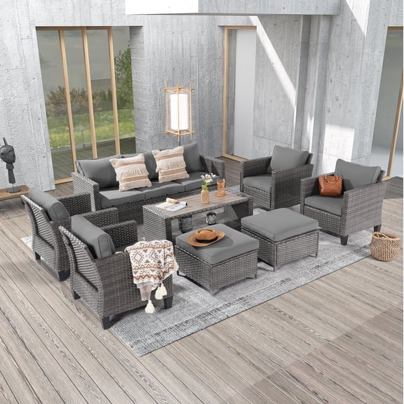 ACEGOSES 8-Piece Patio Sofa Set Rattan Outdoor Furniture Set Three-Seat Sofa Ottomans Suiting Backyard, Poolside and Patio,Gray
