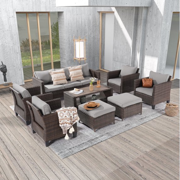 ACEGOSES 8-Piece Patio Sofa Set Rattan Outdoor Furniture Set Three-Seat Sofa Ottomans Suiting Backyard, Poolside and Patio,Light Gray
