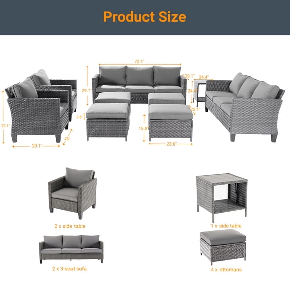 ACEGOSES 9-Piece Patio Sofa Set Rattan Outdoor Furniture Set Three-Seat Sofa Ottomans Suiting Backyard, Poolside and Patio,Gray
