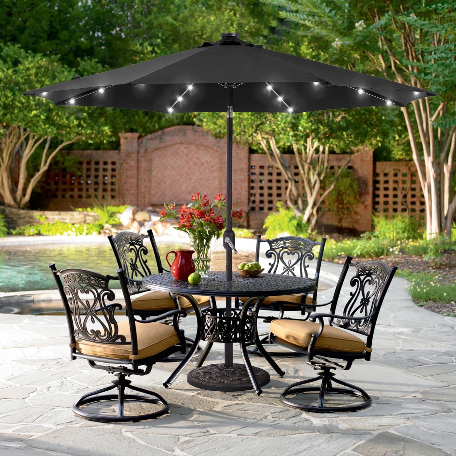 ACEGOSES 9ft LED Outdoor Patio Deck Solar Light Umbrellas w/ Tilt,Crank and 8 Ribs,Black