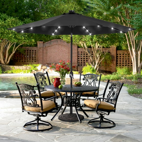 ACEGOSES 9ft LED Outdoor Patio Deck Solar Light Umbrellas w/ Tilt,Crank and 8 Ribs,Black