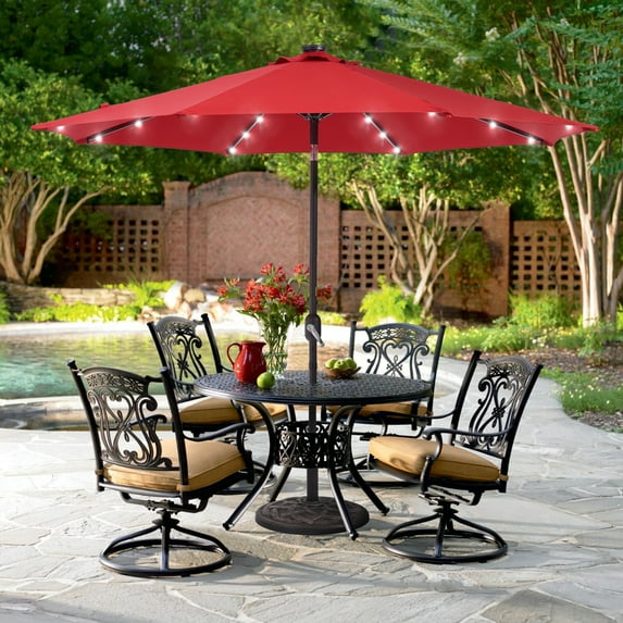 ACEGOSES 9ft LED Outdoor Patio Deck Solar Light Umbrellas w/ Tilt,Crank and 8 Ribs,Red