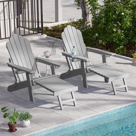 ACEGOSES Adirondack Chair Set of 2 with Retractable Ottoman, HIPS Folding Adirondack Chair with Cup Holder, All-Weather Fire Pit Chair for Outdoor, Light Gray