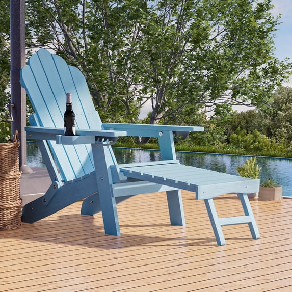 ACEGOSES Adirondack Chair with Retractable Ottoman, HIPS Folding Adirondack Chair with Cup Holder, All-Weather Fire Pit Chair for Outdoor, Lake Blue