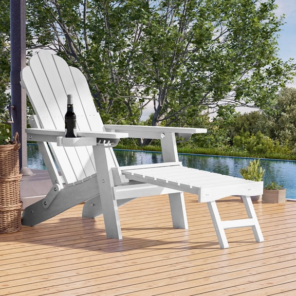 ACEGOSES Adirondack Chair with Retractable Ottoman, HIPS Folding Adirondack Chair with Cup Holder, All-Weather Fire Pit Chair for Outdoor, White