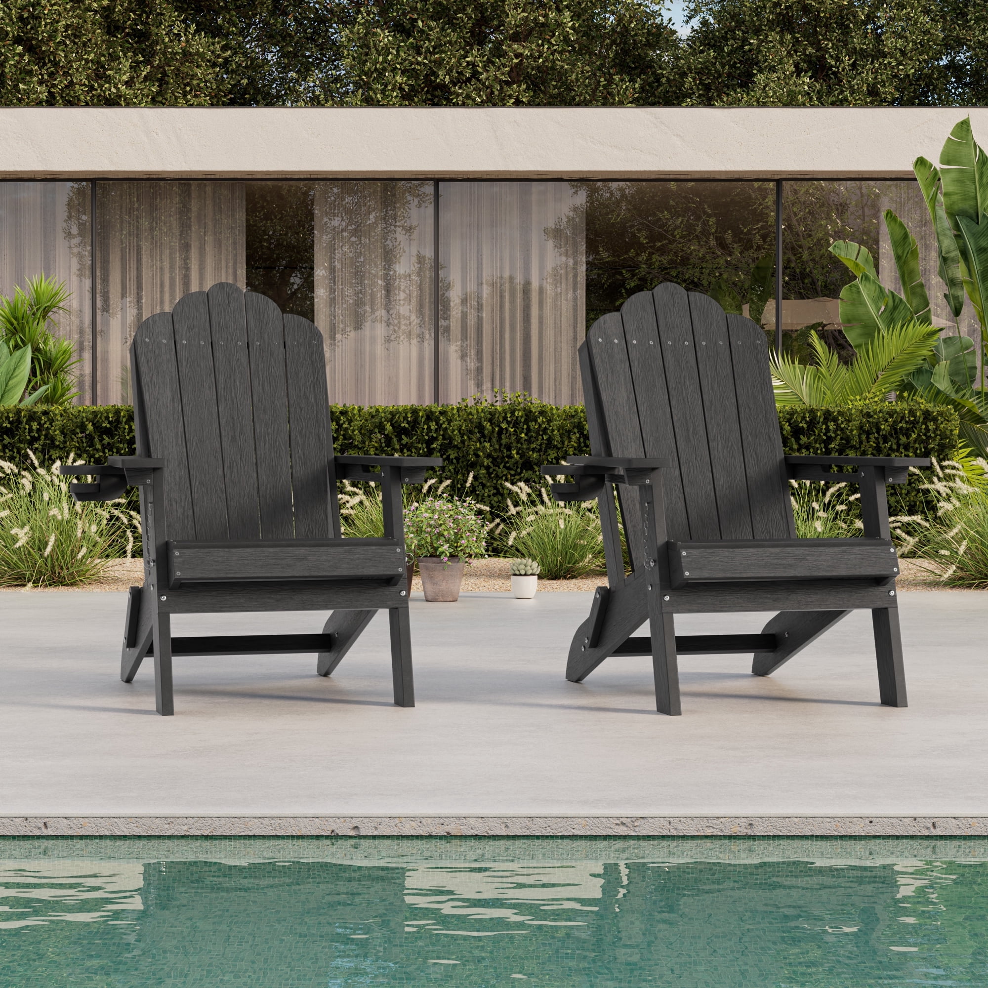 ACEGOSES Foldable Outdoor Adirondack Chair Set of 2 with Cup Holder,Weather Resistant HDPE Plastic for Patio, Fire Pit, Deck, Black