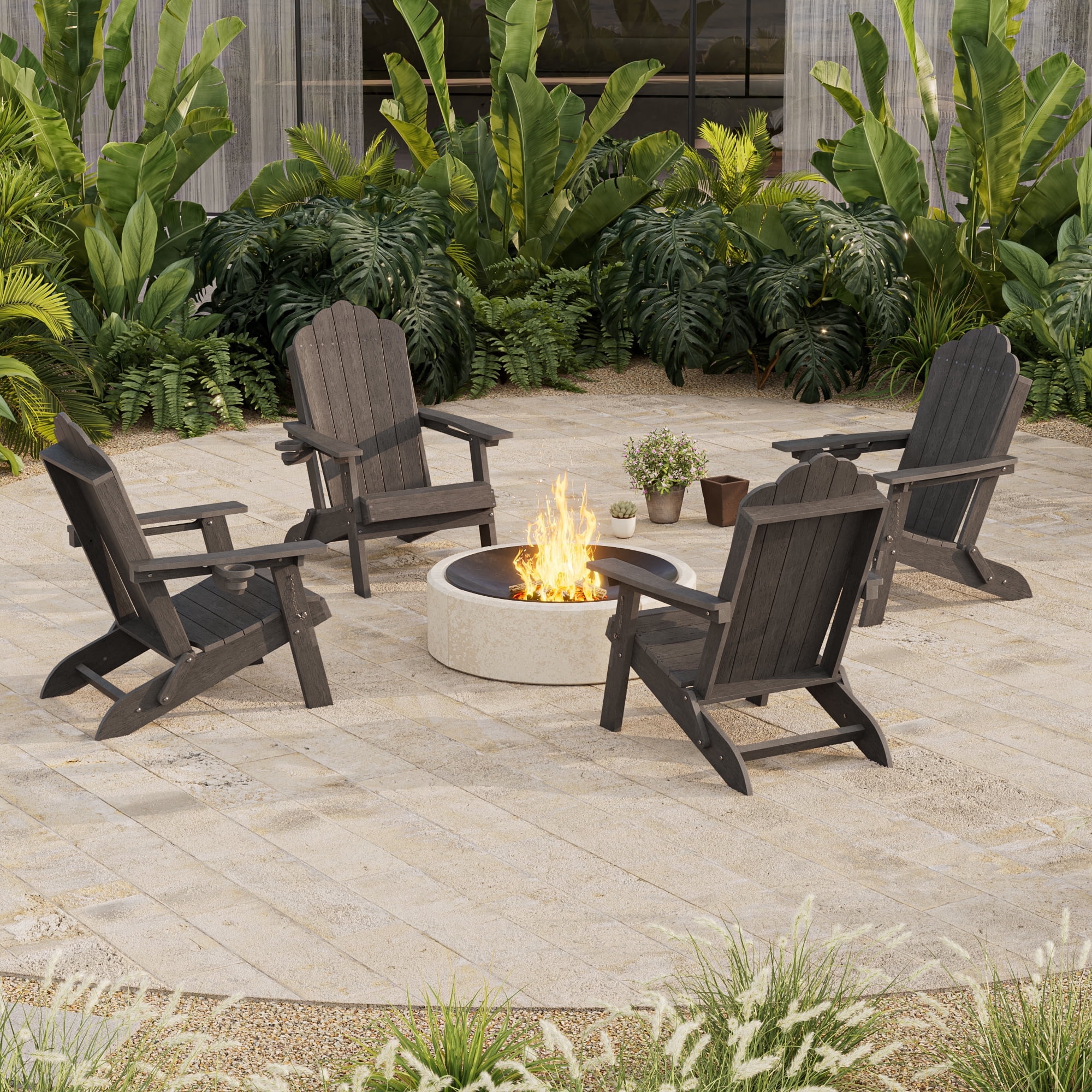 ACEGOSES Foldable Outdoor Adirondack Chair Set of 4 with Cup Holder,Weather Resistant HDPE Plastic for Patio, Fire Pit, Deck, Brown