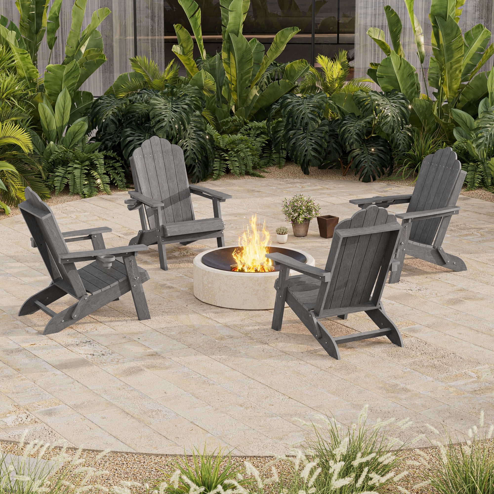 ACEGOSES Foldable Outdoor Adirondack Chair Set of 4 with Cup Holder,Weather Resistant HDPE Plastic for Patio, Fire Pit, Deck, Gray