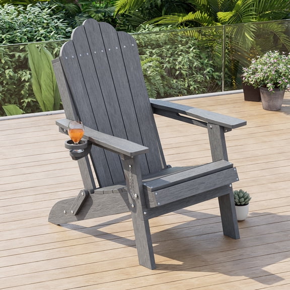 ACEGOSES Foldable Outdoor Adirondack Chair with Cup Holder,Weather Resistant HDPE Plastic for Patio, Fire Pit, Deck, Gray