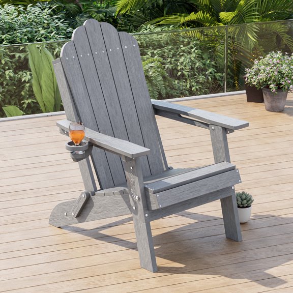 ACEGOSES Foldable Outdoor Adirondack Chair with Cup Holder,Weather Resistant HDPE Plastic for Patio, Fire Pit, Deck, Light Gray