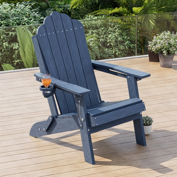 ACEGOSES Foldable Outdoor Adirondack Chair with Cup Holder,Weather Resistant HDPE Plastic for Patio, Fire Pit, Deck, Navy Blue