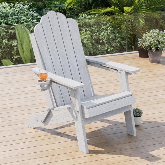 ACEGOSES Foldable Outdoor Adirondack Chair with Cup Holder,Weather Resistant HDPE Plastic for Patio, Fire Pit, Deck, White